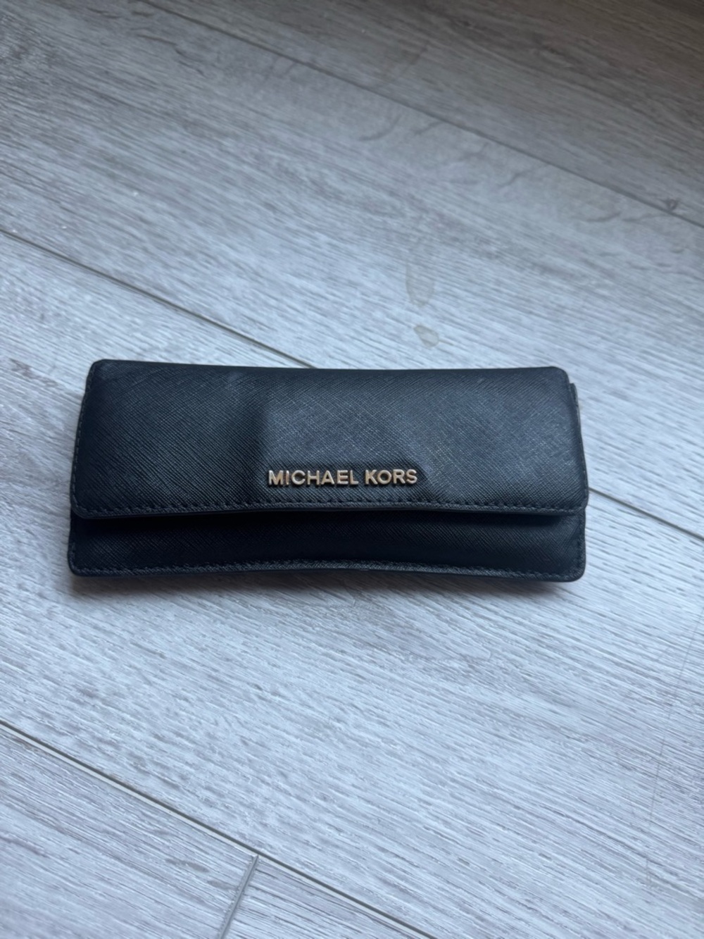 Michael Kors Black Leather Folded Continental Wallet with Gold Logo